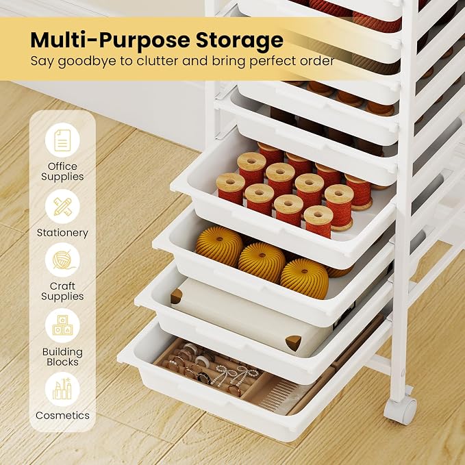 GOFLAME 10-Drawer Rolling Storage Cart, Craft Storage Cart with Wooden Tabletop and Lockable Wheels, Art Cart Supply Storage Organizer with Metal Frame for Home Office Classroom, White - Image 4