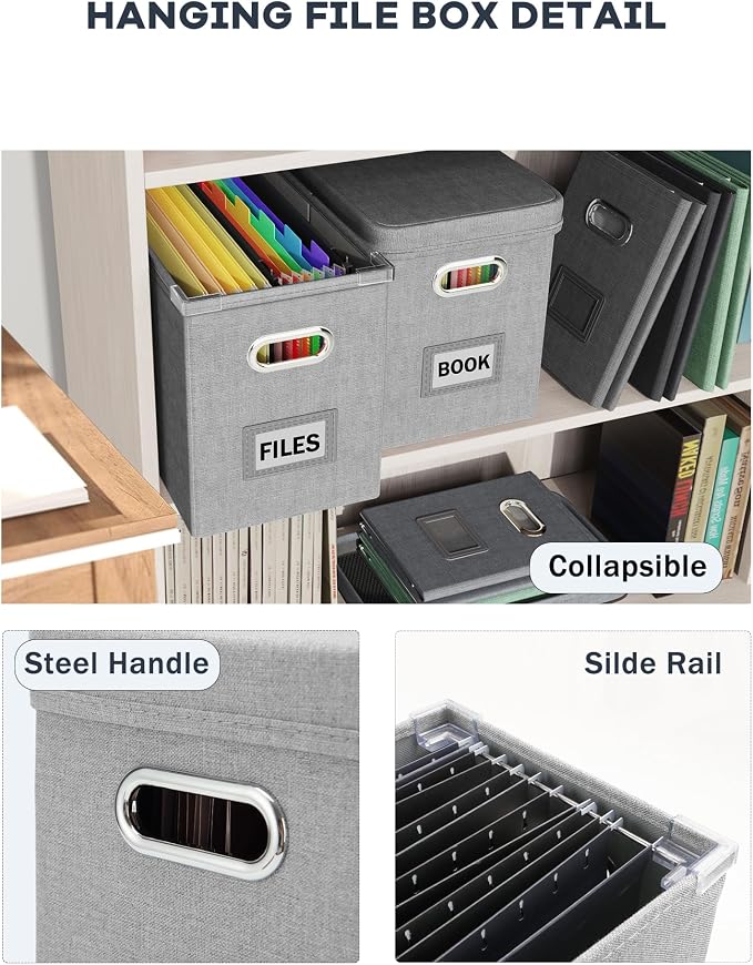 Hanging Filing File Box with Mesh Pocket, File Organizer Box with Lid, Collapsible Document Organizer Box for Letter Size, Easy Slide Durable Storage Box for Office/Decor/Home (2 PCS, Grey) - Image 5