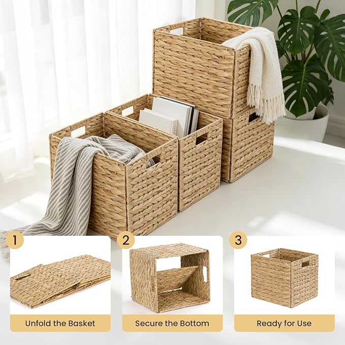 Rectangular Storage Baskets 13x11in, 4 Pack Water Hyacinth Wicker Bins with Handles, Foldable Natural Organizer for Shelves Kitchen Closet, Handwoven Storage Cubes - Image 3
