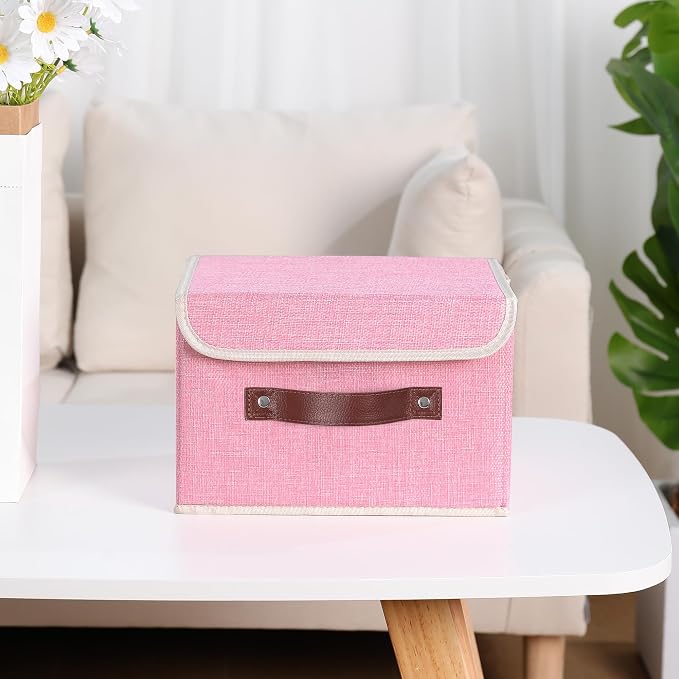 ANMINY Fabric Storage Box Bins with Lids, Pink, 10"x8"x7", 4 Pack | Keepsake Memory Storage, Cotton Linen, PP Board Reinforced, Washable, PU Handles, Foldable & Stackable, Decorative, Small - Image 7