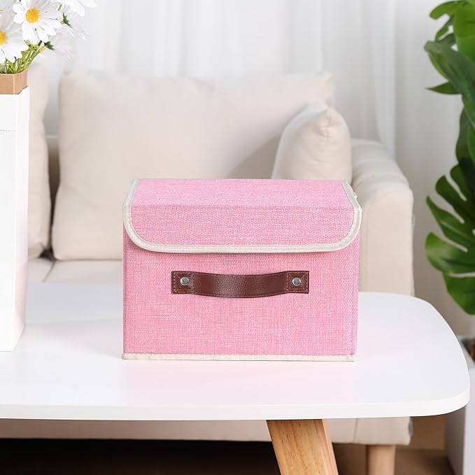 ANMINY Fabric Storage Box Bins with Lids, Pink, 10"x8"x7", 4 Pack | Keepsake Memory Storage, Cotton Linen, PP Board Reinforced, Washable, PU Handles, Foldable & Stackable, Decorative, Small - Image 7