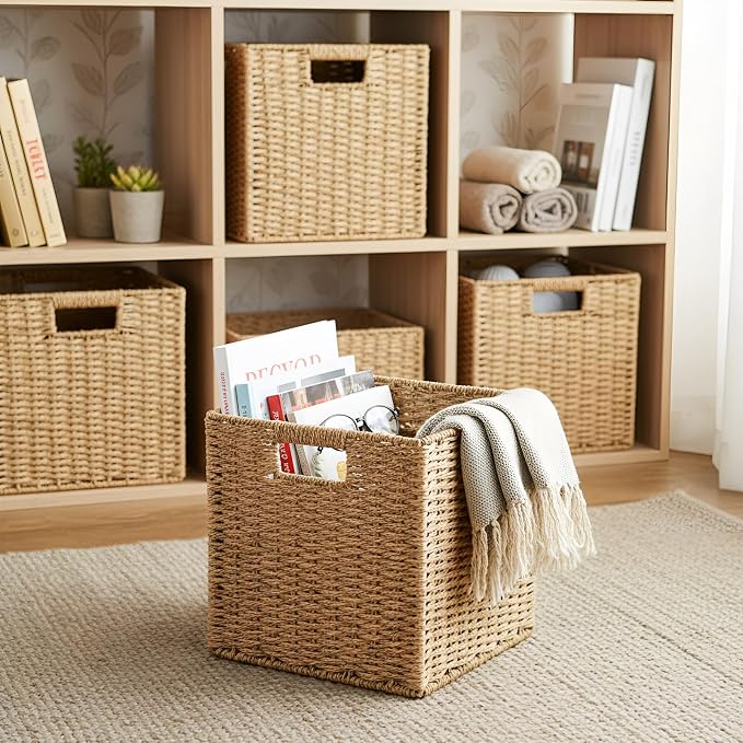 4 Pcs Wicker Storage Baskets 13 x 13 in Cube Storage Bin Organizer Camel Square Foldable Wicker Baskets for Shelves Organizing Decor Laundry Pantry Toys - Image 4