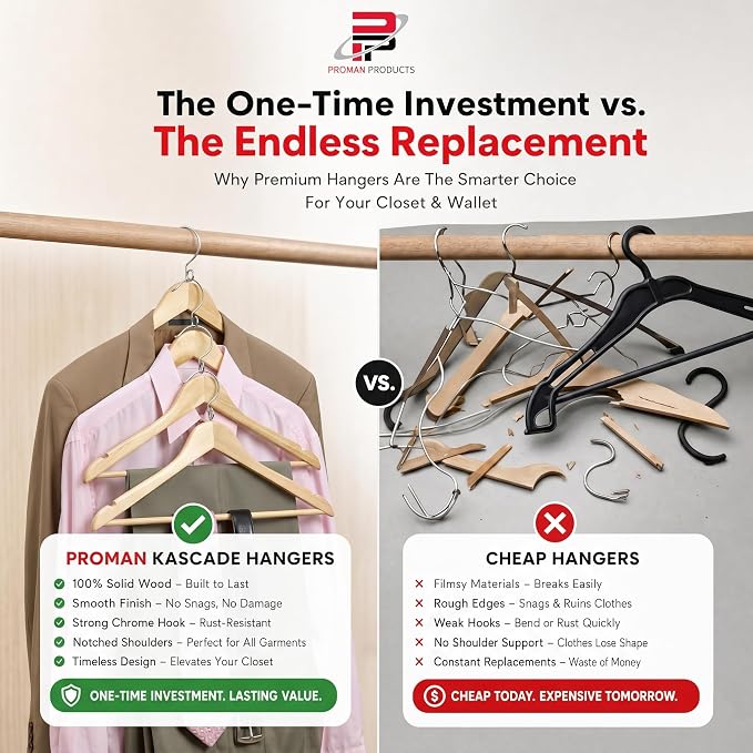 Proman Products Kascade Space Saving Wooden Hangers Clothes Hangers 50 Pack | Hangers with pants bar & shoulder notches feature a cascading design that saves closet space and keeps clothes organized. - Image 7