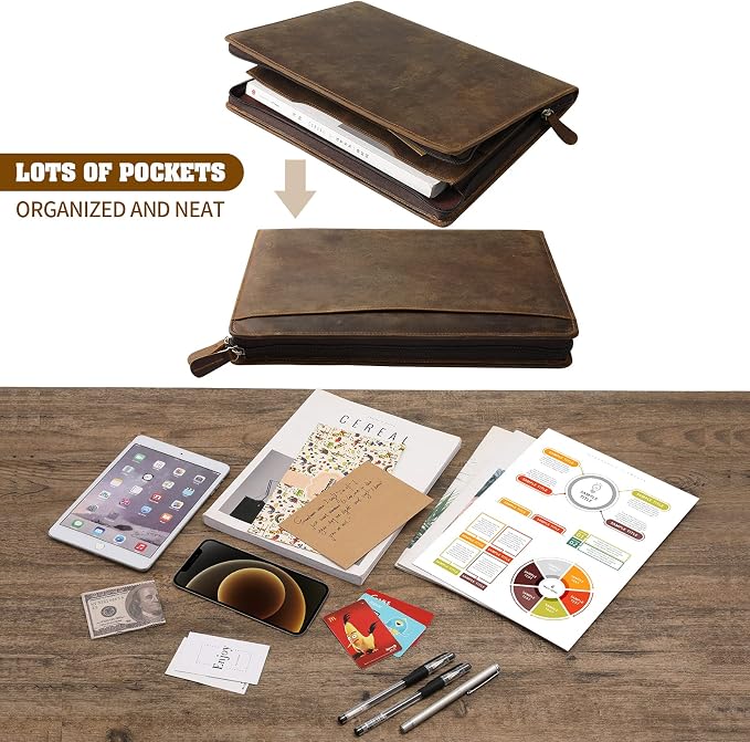 Ringsun Genuine Leather Portfolio with Zipper, Business Organizer for A4/Pad/Phone, Brown, RS63 - Image 7