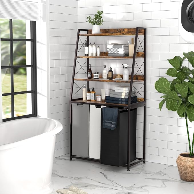 Herture Laundry Basket, 3 Section Laundry Hamper with 4 Tiers Shelf, Pull-Out and Removable Laundry Bags, Large 3 x 15.87 Gallons, for Laundry Room Bathroom Rustic Brown PF05XLN - Image 6