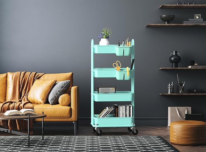 Simple Houseware 4-Tier Rolling Utility Cart with Hanging Bucket, Turquoise | Storage for Bathroom, Kitchen, Office, Study Room, Nursery Diaper - Image 4