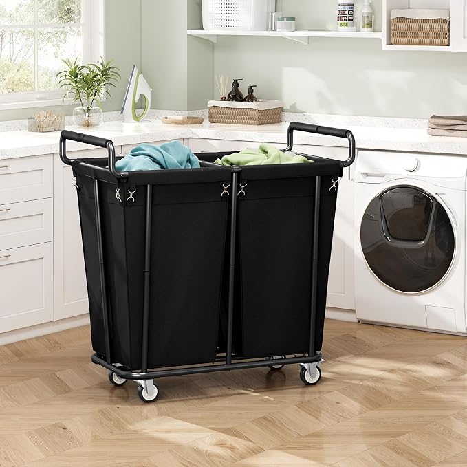 Gewudraw Heavy Duty Laundry Hamper with Wheels 2 Section, 360L, Black | Big Rolling Laundry Basket Sorter Cart, Extra Large Clothes Hamper, Laundry Basket Organizer for Laundry Room, Bathroom - Image 2