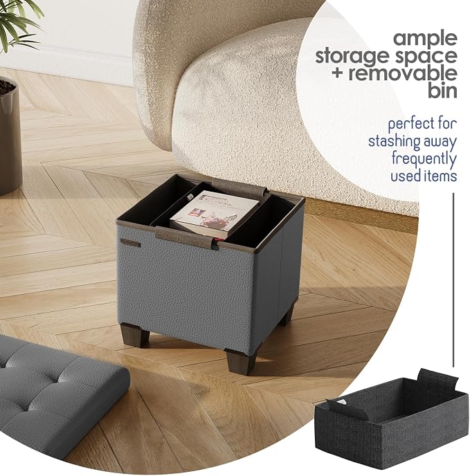 Storage Ottoman Cube with Small Bin, 15-in Square Ottoman with Storage for Living Room and Bedroom, Small Ottomans Foot Rest, Faux Leather Foot Stools Ottomans Max 330lbs, Grey - Image 4