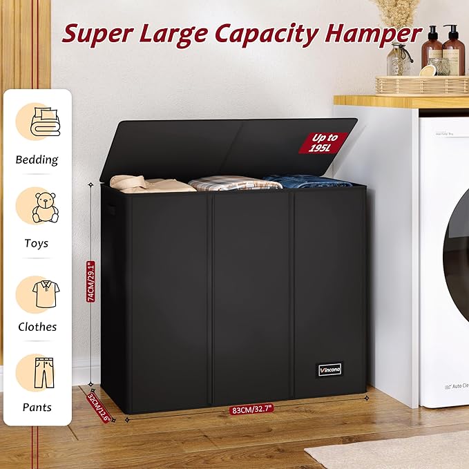 195L Laundry Hamper 3 Section,Large Laundry Hamper with Lid,Dirty Clothes Hamper with 3 Inner Bags,Collapsible Laundry Basket Organizer for Laundry Room,Bedroom,Laundry Sorter Hamper 3 Compartment - Image 2