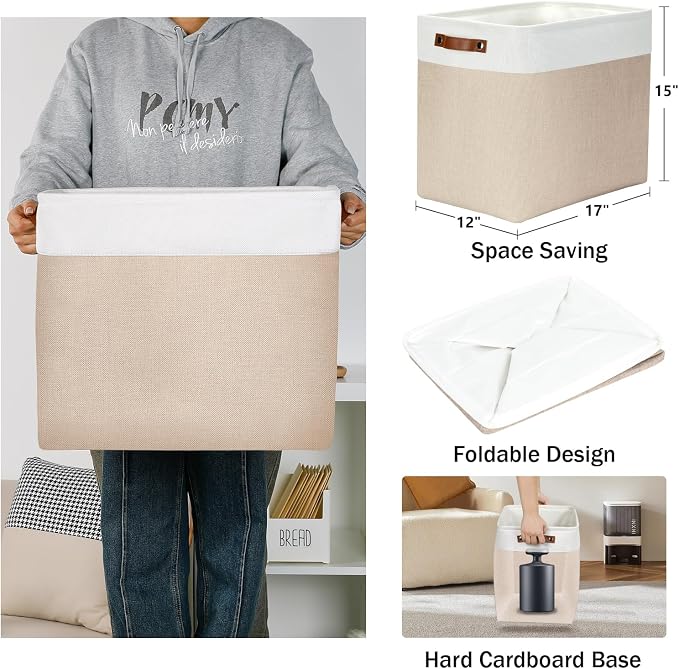 DULLEMELO Large Storage Baskets for Organizing, Canvas Storage Bins Big Baskets With Handles for Shelf Clothes Empty Gift Basket (White&Khaki) - Image 2