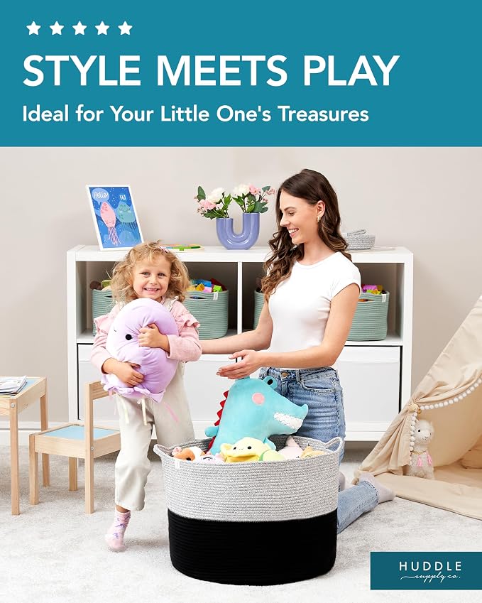 Huddle XXXXL WASHABLE Jumbo 125L Blanket Basket for Living Room, Toys, Baby | Woven Decorative Cotton Rope Black Grey Big Basket+Mini Basket for Nursery, Dog Toys, Storage, Organization Bins 24x17in - Image 4