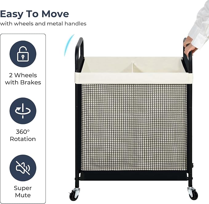 STO STO Laundry Hamper 2 Section, 100L Rolling Laundry Sorter Cart with Removable and Washable Liner Bag, Clothes Hamper with Wheels and Metal Handle for Laundry Room and Bedroom - Image 7