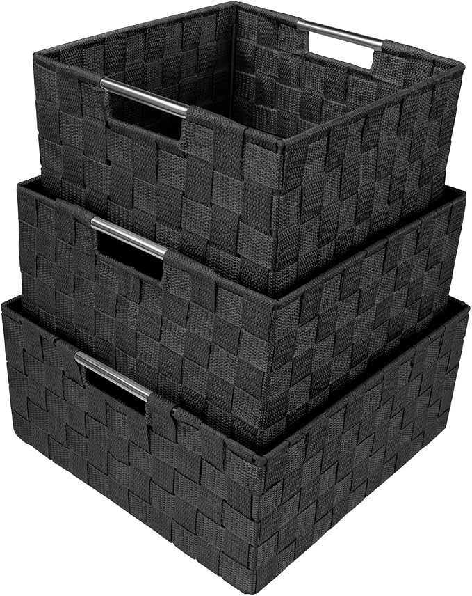 Sorbus Storage Box Woven Basket Bin Container Tote Cube Organizer Set Stackable Storage Basket Woven Strap Shelf Organizer Built-In Carry Handles (Black) - Image 2