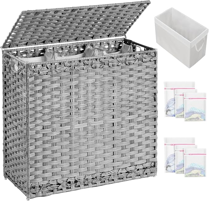 SETVSON Laundry Hamper with Lid Laundry Basket 132 L PE Rattan, Gray | 35 Gal PE Rattan Hamper with Lid, 4 Removable Washable Liners, 6 Mesh Laundry Bags, Steel Frame, Side Handles by SETVSON
