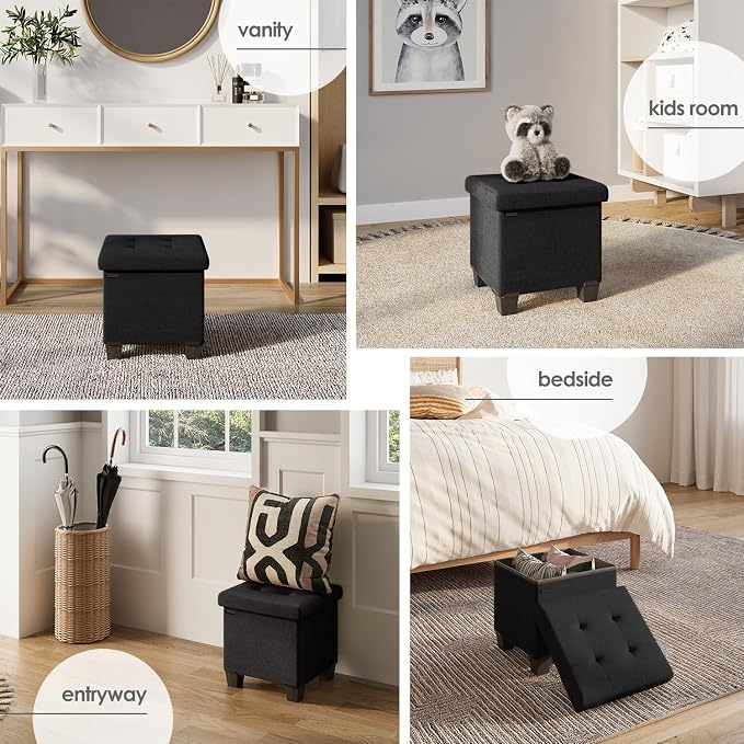 Storage Ottoman Cube with Small Bin, 15-in Square Ottoman with Storage for Living Room and Bedroom, Small Ottomans Foot Rest, Fabric Foot Stools Ottomans Max 330lbs, Black - Image 4