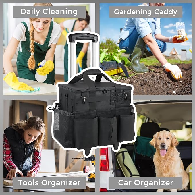 SCAVATA Rolling Cleaning Caddy Bag with Detachable Trolley, Large Cleaning Supplies Organizer with Wheels, Multi Pocket Cleaning Cart with Adjustable Shoulder Strap for Housekeepers & Home Use, Black - Image 7