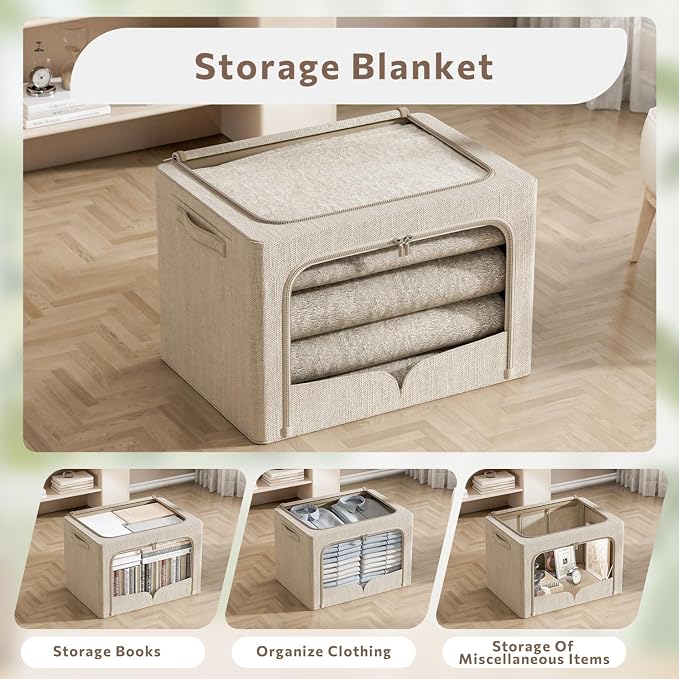 FHSQX 3 Pack Clothes Storage Bins - Foldable Metal Frame Storage Box - Stackable Linen Fabric Container Organizer Set with Carrying Handles and Clear Window (Beige, 19.7x15.7x13inch(66L)) - Image 2