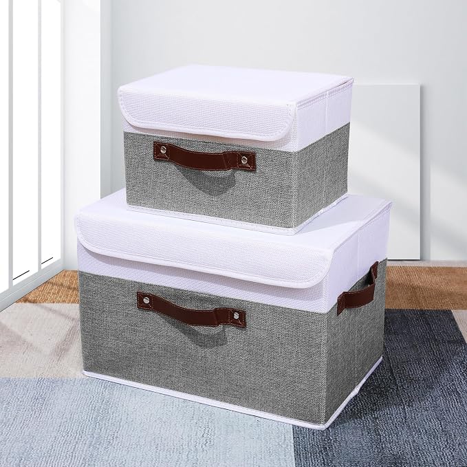ANMINY Fabric Storage Box Bins with Lids, Gray White, 13"x9"x7.9", 2 Pack | Keepsake Memory Storage, Cotton Linen, PP Board Reinforced, Washable, PU Handles, Foldable & Stackable, Decorative, Medium - Image 6
