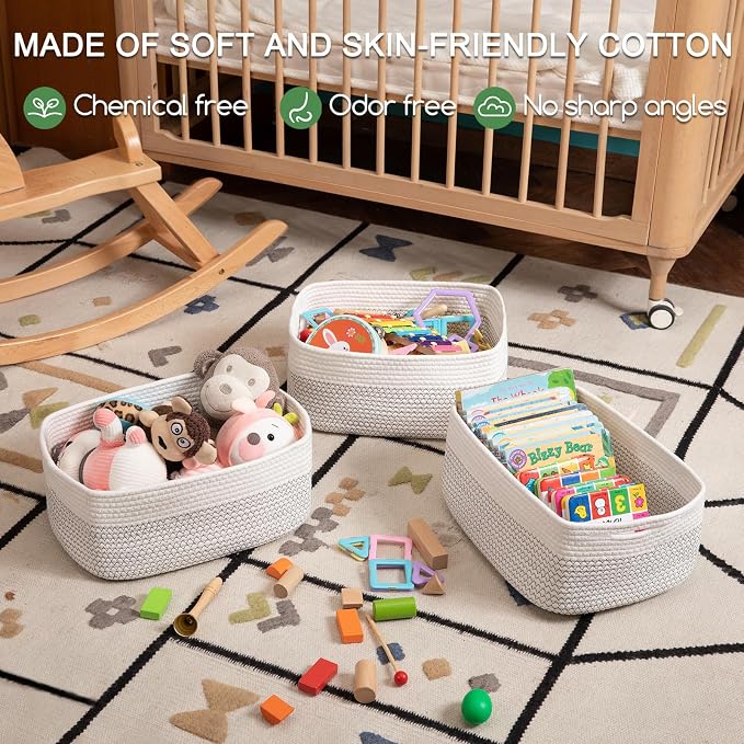 OIASKET Storage Baskets for Organizing 3 Pack, Woven Baskets for Shelves, | Closet Organizer Bins with Handle, Empty Gift Basket, Toy Storage for Toys, Blankets, Towels, Clothes, Books, 15"x11.42"x6.7" - Image 3