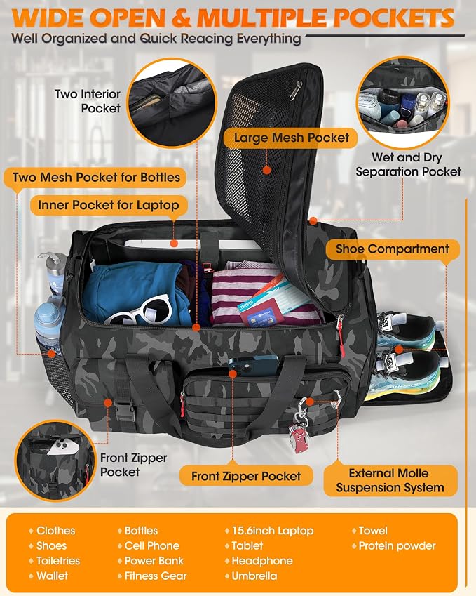 RAINSMORE Gym Bag for Men, 45L Sports Travel Duffel Bag with Shoe & Laptop Compartment, Gym Workout Backpack Carry On Weekender Bag Overnight Backpack for Travel, Black Camo - Image 4