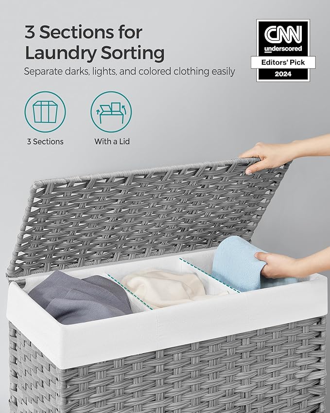 SONGMICS Laundry Hamper with Lid, 37 Gallons (140 L), Rolling Laundry Basket with Wheels, 3-Section Synthetic Rattan, Removable Liner, Bedroom, 26 x 13 x 26 Inches, Gray ULCB363G01 - Image 3