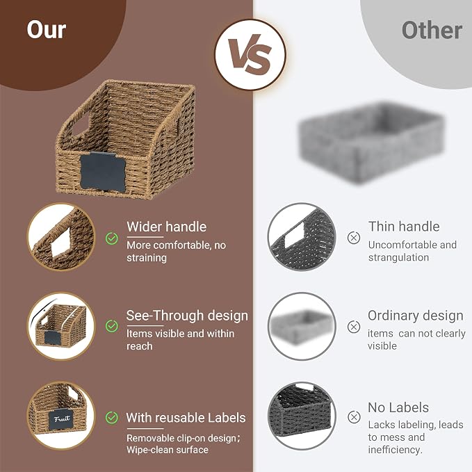 Pantry Organizers, Large Wicker Baskets for Shelves, Labeled Storage Baskets for Organizing with Handles - Paper Storage Bins for Shelves, 3 Pack, Brown - Image 4