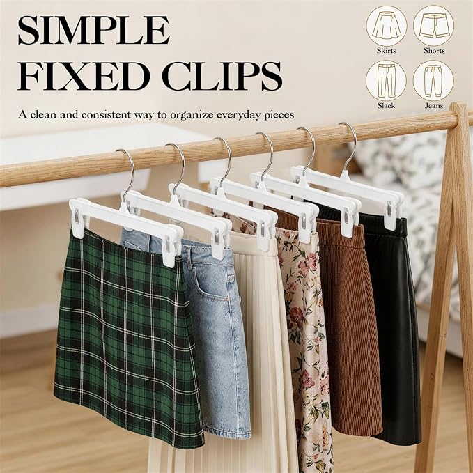Skirt Hangers with Clips, 30 Pack White Pants Hangers | 12 Inch Plastic Clips Hangers Space-Saving Closet Organizer for Skirts, Shorts, Jeans with 360° Swivel Hook & Non-slip Clips - Image 7