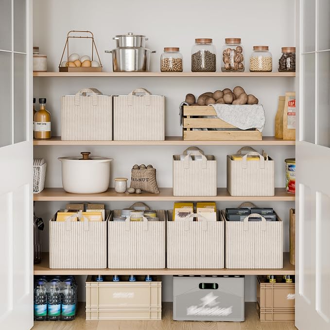StorageWorks Storage Bins, Fabric Storage Bins for Shelves, Extra Large Storage Baskets with Metal Frame, Closet Baskets and Bins with Handles, Jumbo, Khaki and Beige Stripes, 2-Pack | Extra Large, With Reinforced Handles, Metal Frame, Collapsible, Bas... - Image 3