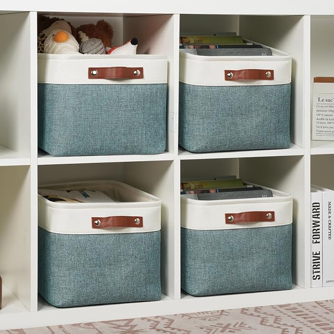 DULLEMELO Storage Baskets for Shelves, Fabric Collapsible Rectangular Storage Bins for Shelves, Closets, Nursery, Home, Office, Empty Gift Baskets (4-Pack-15"*11"*9.5", White&Deep Green) - Image 4