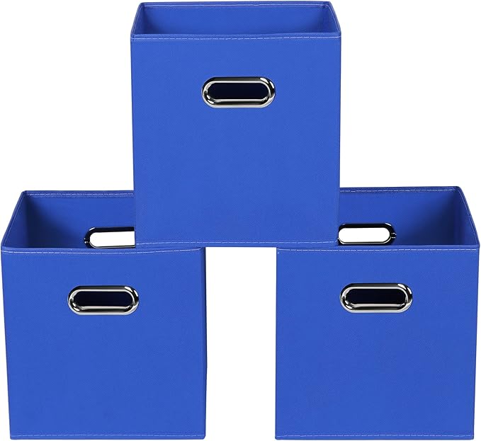 Dark Blue Fabric Storage Bins, Set of 3, 11x11x11, Foldable Cube Bins for Cloth or Accessory Storage by Yunkeeper