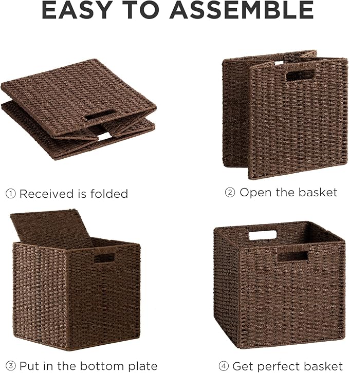 UBBCARE 3 Pack Wicker Basket, 11L×11H×10.5W inch Woven Paper Rope Storage Baskets for Shelves, Foldable Cube Storage bin with Handle, Storage Basket for Organizing & Decor, Brown - Image 7