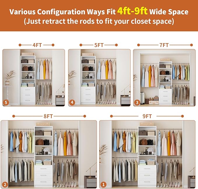 Fastgo Closet System with Drawers, 5-9FT Closet Organizer System with 4 Expandable Rods & Adjustable Shelves for Walk in Closet, 96” Built in Closet System Tower, Small Closet Storage System, White - Image 5