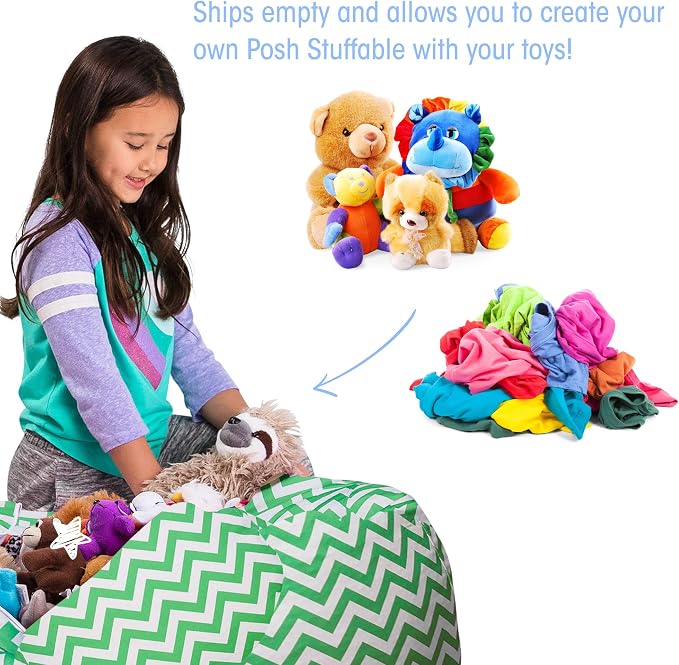Posh Stuffable Kids Stuffed Animal Storage Bean Bag Chair Cover - Childrens Toy Organizer, Large 38" - Pattern Chevron Green and White - Image 3
