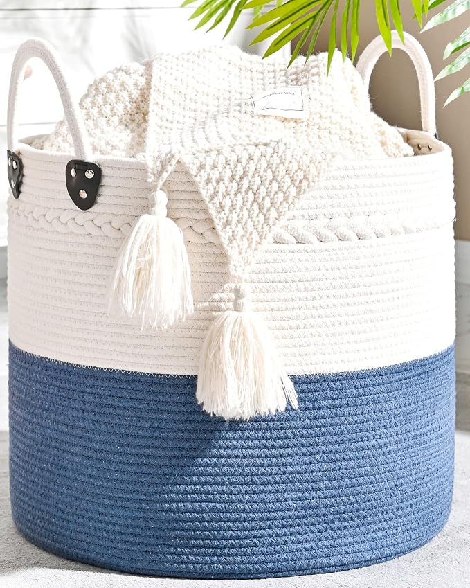 KAKAMAY Large Blanket Basket (18"x18"x16"),Woven Baby Laundry Hamper for Storage, Cotton Rope Blankets Baskets for Nursery, Laundry, Living Room, Pillows, Baby Toy chest with Handles (Navyblue) by KAKAMAY