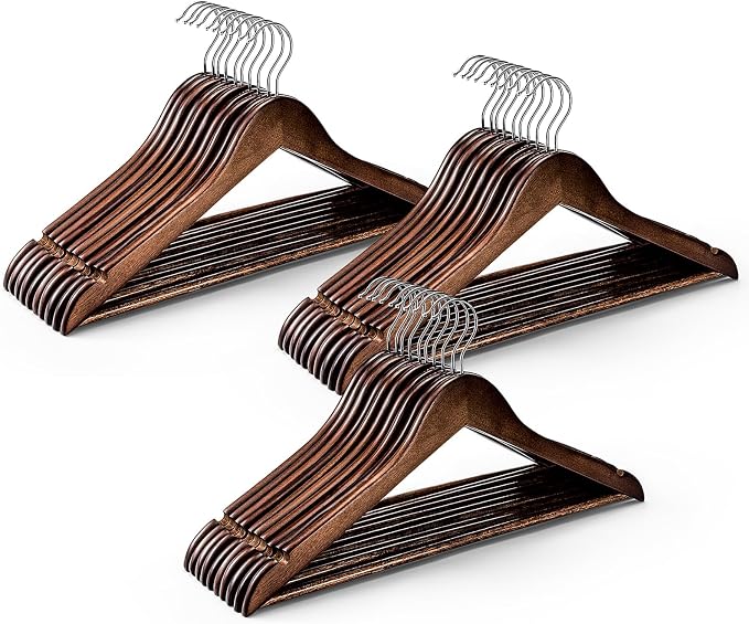 HOUSE DAY Bulk Wooden Hangers 50 Pack, 17.5" Smooth Wood Clothes Hangers | with Non-Slip Pants Bar, Shoulder Notches, 360° Swivel Hook for Suits, Coats, Shirts and Dresses, Walnut by HOUSEDAY