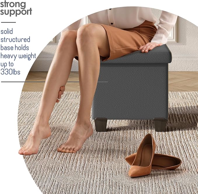 Storage Ottoman Cube with Small Bin, 15-in Square Ottoman with Storage for Living Room and Bedroom, Small Ottomans Foot Rest, Faux Leather Foot Stools Ottomans Max 330lbs, Grey - Image 6