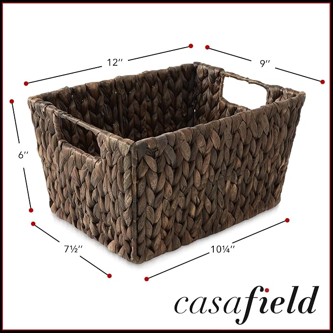 Casafield Set of 4 Water Hyacinth Storage Baskets with Handles - Espresso Brown, Woven Storage Bins for Shelves, Blankets, Laundry Organization - Image 4