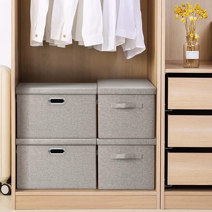Storage Bins with Lids Fabric Closet Organizers Cubes Office Organization | 36 Quart 5 Pack Beige Collapsible Stackable Linen Fabric 4 Handles Bedroom Closet Cabinet Under Bed Clothes Toy Office File - Image 6