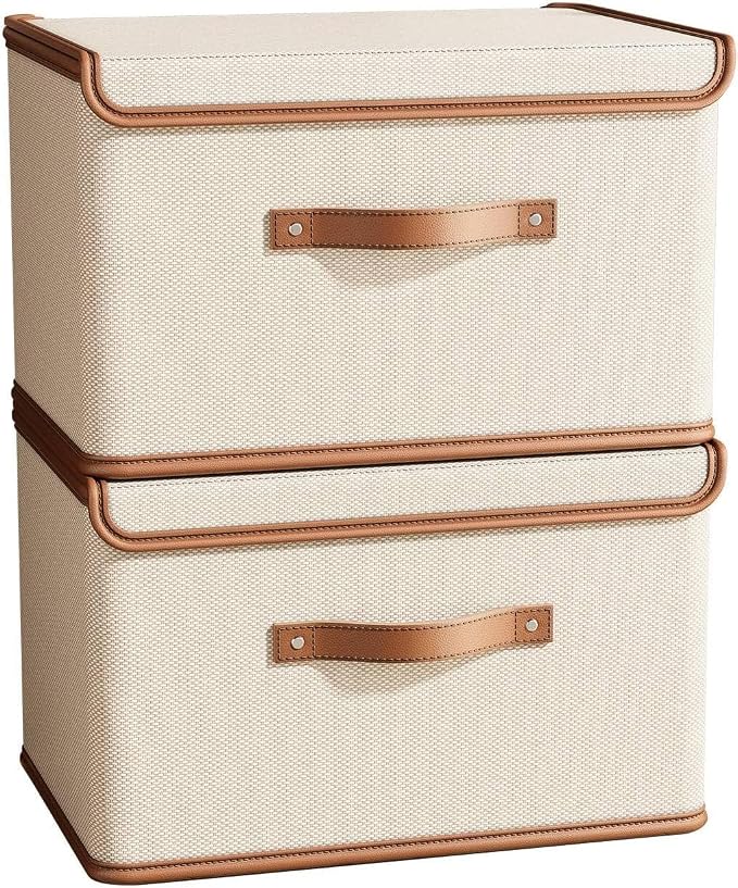 Tuza 2 Pack Storage Bins with Lids, Collapsible Closet Organizer Container, Fabric Organizer Box with Handles, Decorative Storage Boxes with Lids for Organizing Clothes, Blanket, White, Extra Large by LOVEWHEREYOULIVE