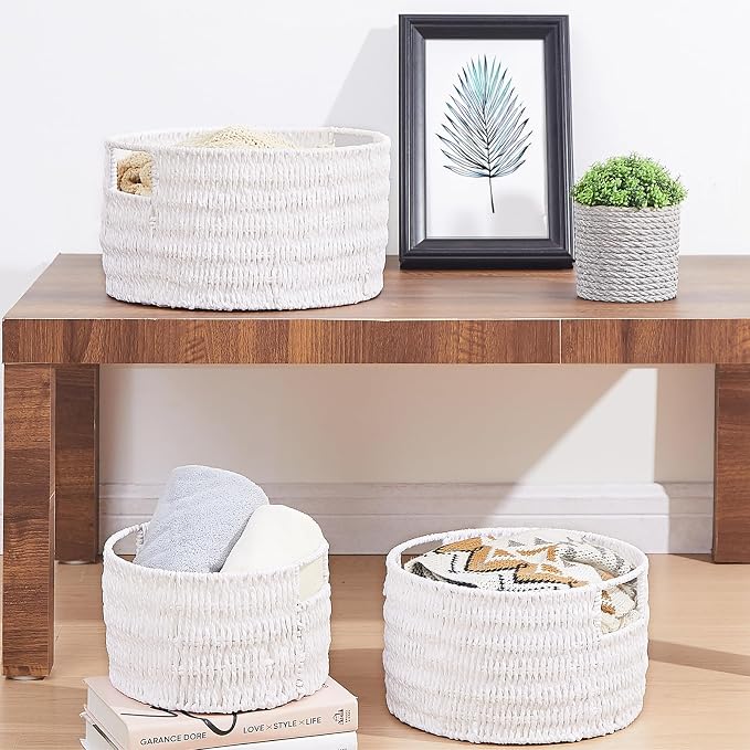 Wicker Storage Basket, Hand-Woven Paper Rope Large Round Woven Basket With Handles, Wicker Baskets for Organizing/Storage, White, 3-Pack - Image 7
