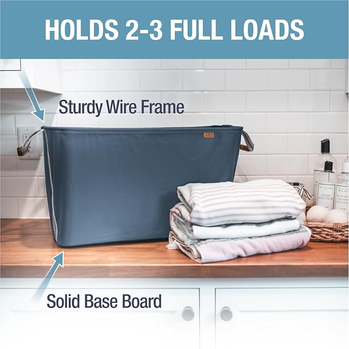 Collapsible Laundry Basket LUXE (300D) - Navy Noir/Cream (2PK) | Elevate Open-Room Laundry Storage | Refined Fabric and Vegan Leather Add Polish, While Each Basket Holds 55 lb - Image 2