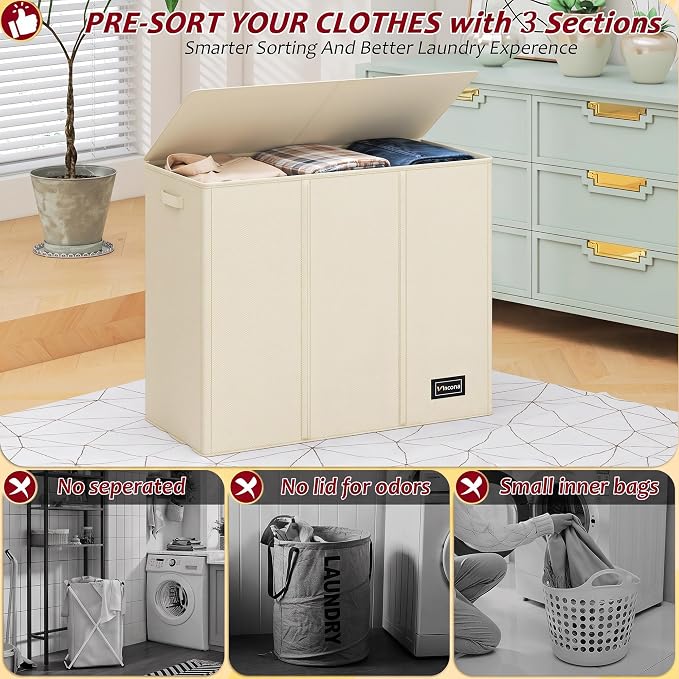 175L Laundry Hamper 3 Section,Large Laundry Hamper with Lid,Dirty Clothes Hamper with 3 Inner Bags,Collapsible Laundry Basket Organizer for Laundry Room,Bedroom,Laundry Sorter Hamper 3 Compartment - Image 3