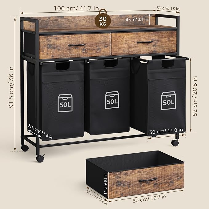 Mondeer 150L Laundry Sorter 3 Section with 3 Bags 4 Wheels 2 Drawers | 50L x 3 Pull-Out Laundry Hamper Baskets Removable for Laundry Room Bathroom, Rustic Brown and Black - Image 3