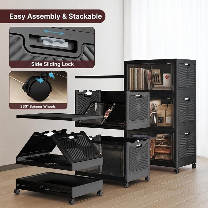 Stackable Storage Bins with Lids, 330QT Lockable Storage Cabinet | Closet Organizers, Foldable Storage Box with Doors and Wheels, Plastic Drawers for Home, Garage, Office (3, Black, Plus) - Image 3