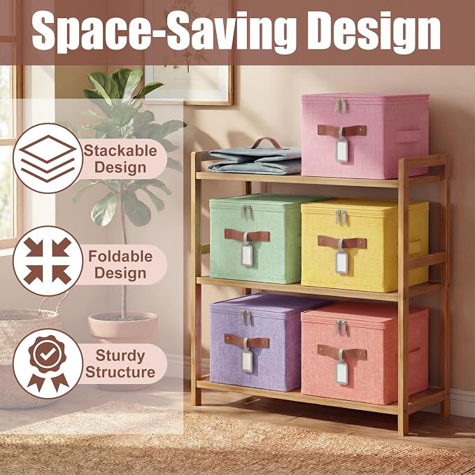 6 Pack Fabric Bins with Lids, 10 x 8 x 7 Inch Colorful Fabric Storage Bins with Zipper Lids and Labels, Decorative Foldable Storage Cubes with Handles for Closet Nursery Organization, Colored - Image 5