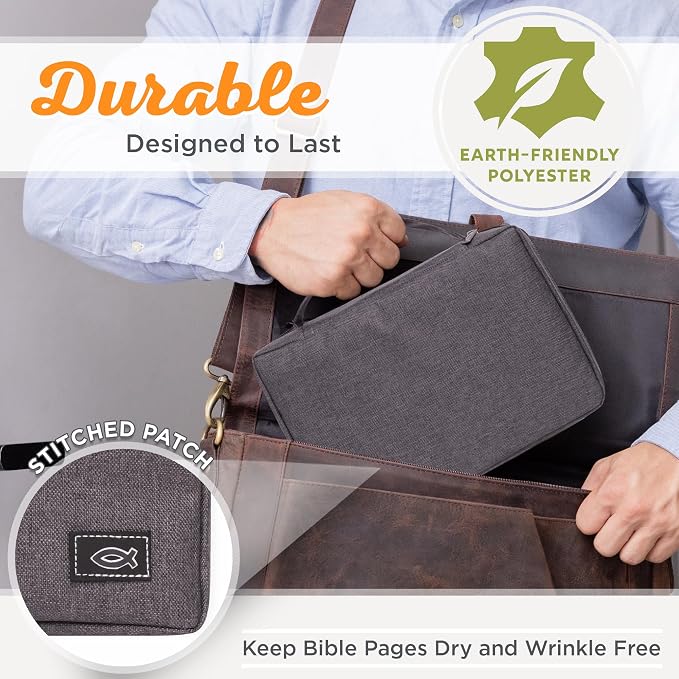 Christian Art Gifts Men/Women's Bible Cover Jesus Fish, Gray Canvas, Small - Image 9
