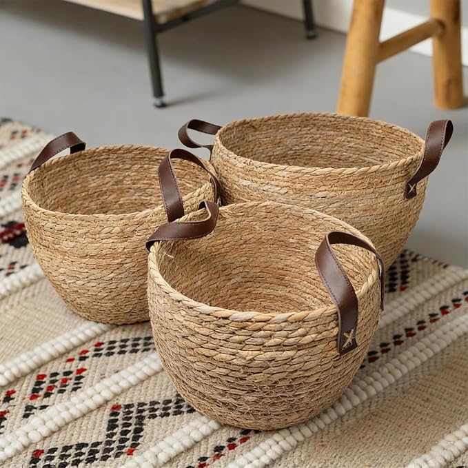GIB Round Seagrass Storage Baskets Woven Wicker Planter Baskets for Decor | Decorative Basket for Blankets, Plants, Shelves Organizing, Natural Rattan, Leather Handles, 13", 12" & 11", Set of 3 - Image 5