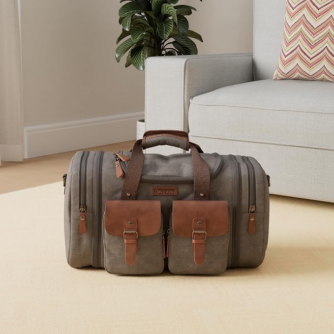 Wildroad Canvas Duffle Bag - 60L Expandable Weekender Overnight Travel Bag | Gifts for Men, Holiday Birthday Gift for Dad, Husband & Partner, Carry-on Size - Image 2