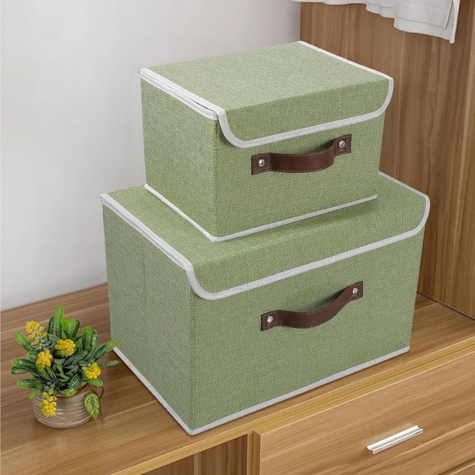 ANMINY Fabric Storage Box Bins with Lids, Green, 13"x9"x7.9", 4 Pack | Keepsake Memory Storage, Cotton Linen, PP Board Reinforced, Washable, PU Handles, Foldable & Stackable, Decorative, Medium - Image 7