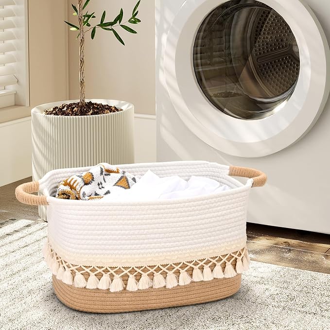 3 Pack Storage Basket for Shelves, Boho Cotton Rope Storage Bins with Heavy Tassel, Shelf Baskets Large Woven Baskets for Organizing, Cube Organizer Bins, Baby Laundry Basket for Clothes, Toys, Pets - Image 9